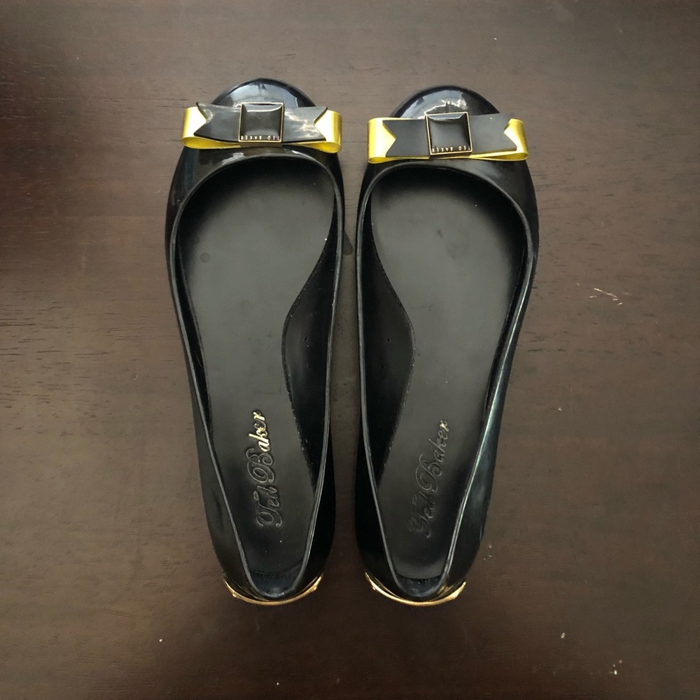 TED BAKER Black & Gold Jelly Ballerina Flats